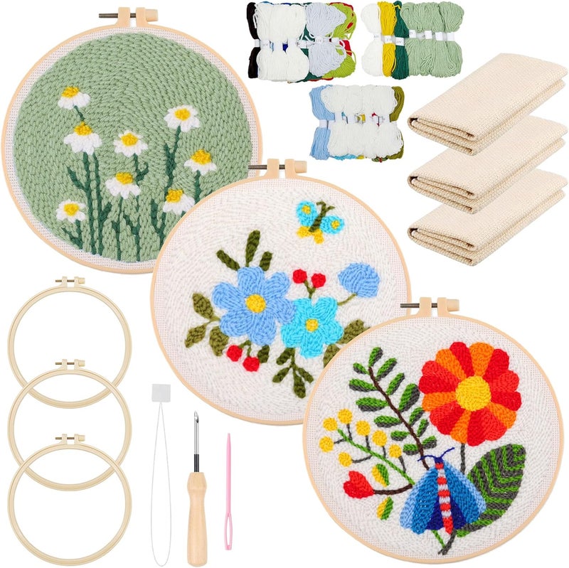 Allazone 3 Set Punch Needle Kits, Flower Punch Needle Embroidery Starter Kits, Punch Needle Tool Threader Fabric Embroidery Hoop - Image 1